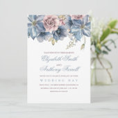 Dusty Blue en Mauve Waterverf Floral Wedding Kaart (Staand voorkant)