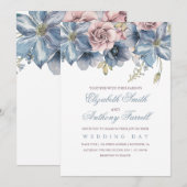 Dusty Blue en Mauve Waterverf Floral Wedding Kaart (Voorkant / Achterkant)