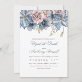 Dusty Blue en Mauve Waterverf Floral Wedding Kaart