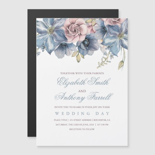 Dusty Blue en Mauve Waterverf Floral Wedding Magnetische Uitnodiging (Voorkant / Achterkant)