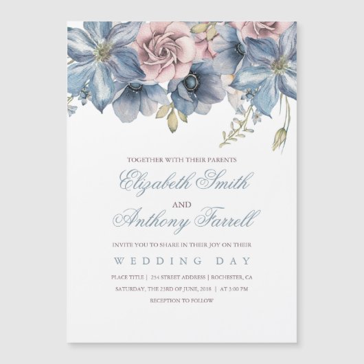 Dusty Blue en Mauve Waterverf Floral Wedding Magnetische Uitnodiging (Voorkant)