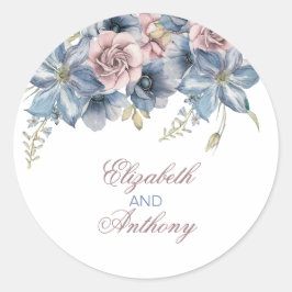 Dusty Blue en Mauve Waterverf Floral Wedding Ronde Sticker