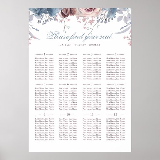 Dusty Blue en Mauve Wedding Seating Chart Poster (Voorkant)