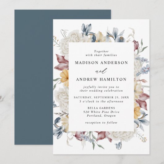 Dusty Blue en Mauve Wildflower Meadow Wedding Kaart (Voorkant / Achterkant)