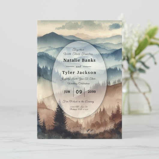 Dusty Blue en Mocha Brown Mountains bruiloft Kaart (Staand voorkant)