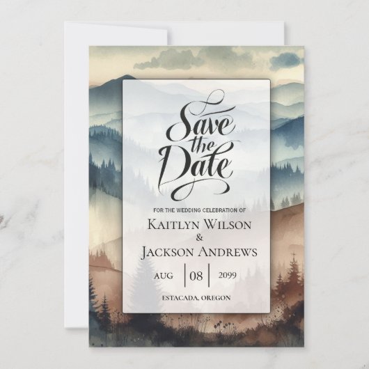Dusty Blue en Mocha Brown Mountains bruiloft Save The Date (Voorkant)