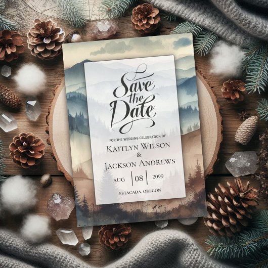 Dusty Blue en Mocha Brown Mountains bruiloft Save The Date
