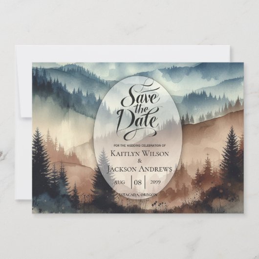 Dusty Blue en Mocha Brown Mountains Save The Date (Voorkant)