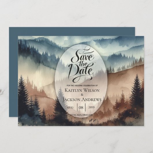 Dusty Blue en Mocha Brown Mountains Save The Date (Voorkant / Achterkant)