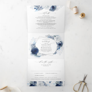 Dusty Blue en Navy Bloemen Botanische Bruiloft Tri Drieluik Uitnodiging