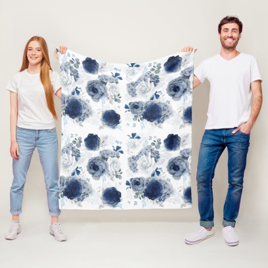Dusty Blue en Navy Blue Bloemen Elegant Stijlvol Fleece Deken (In situ)