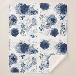 Dusty Blue en Navy Blue Bloemen Elegant Stijlvol Sherpa Deken