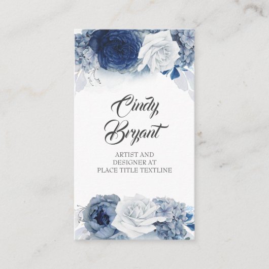 Dusty Blue en Navy Blue Bloemen Elegant Stijlvol Visitekaartje (Voorkant)