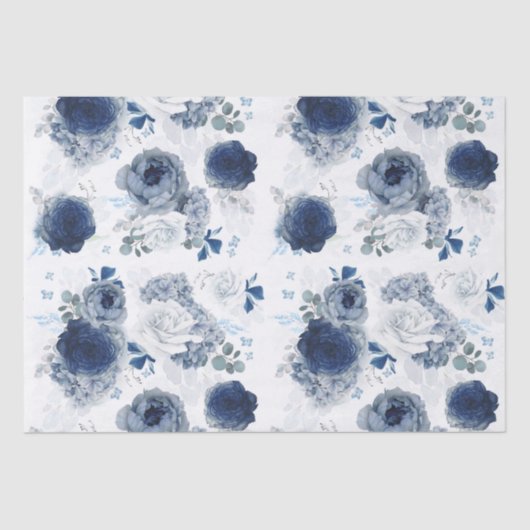 Dusty Blue en Navy Blue Bloemen Elegant Tissuepapier (Voorkant)