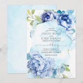 Dusty Blue en Navy Blue Floral Boho Wedding Kaart (Voorkant / Achterkant)