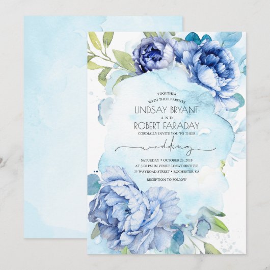 Dusty Blue en Navy Blue Floral Boho Wedding Kaart (Voorkant / Achterkant)