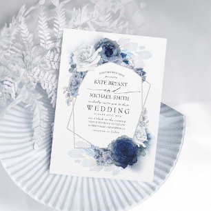 Dusty Blue en Navy Floral Elegant Silver Wedding Kaart