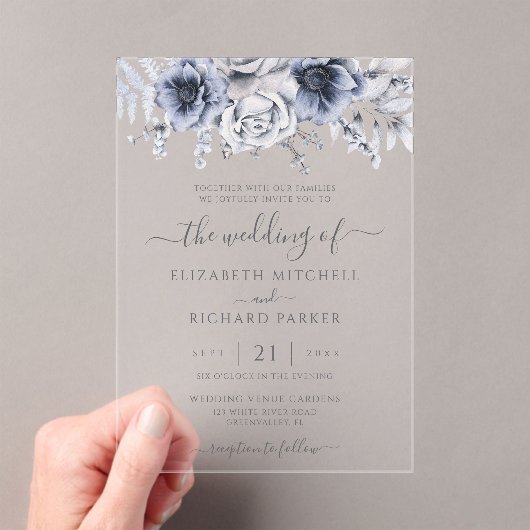 Dusty Blue en Navy Floral Elegant Wedding Acryl Uitnodigingen (Insitu (Draagbaar))