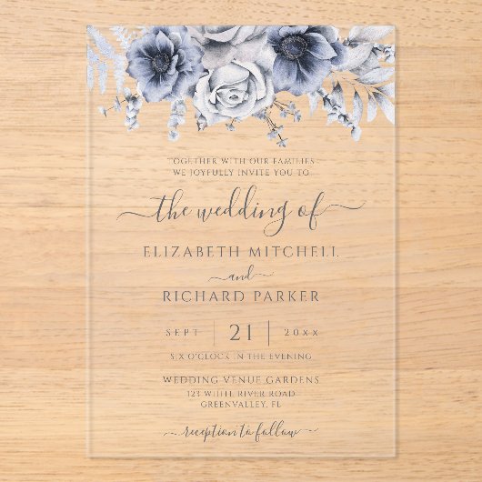 Dusty Blue en Navy Floral Elegant Wedding Acryl Uitnodigingen (Voorkant)