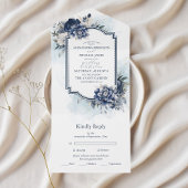 Dusty Blue en Navy Floral Elegant Wedding All In One Uitnodiging