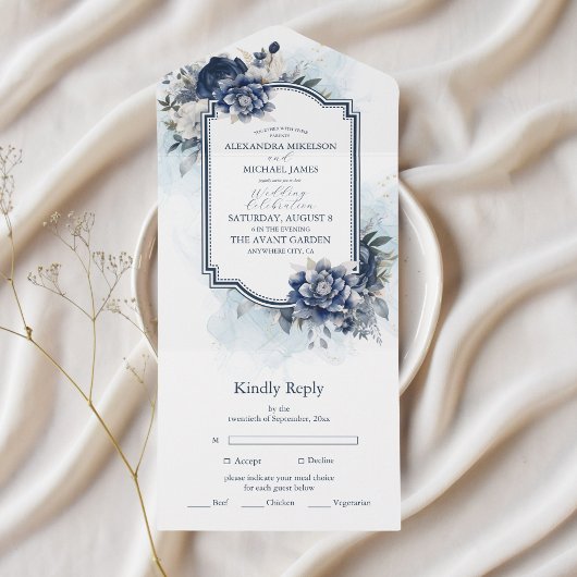 Dusty Blue en Navy Floral Elegant Wedding All In One Uitnodiging