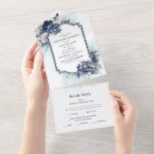 Dusty Blue en Navy Floral Elegant Wedding All In One Uitnodiging