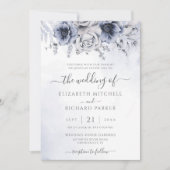 Dusty Blue en Navy Floral Elegant Wedding Kaart (Voorkant)