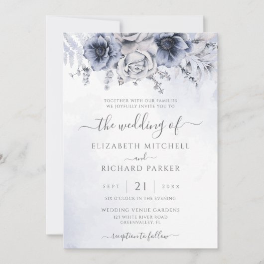 Dusty Blue en Navy Floral Elegant Wedding Kaart (Voorkant)