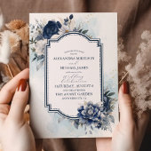 Dusty Blue en Navy Floral Elegant Wedding Kaart