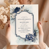 Dusty Blue en Navy Floral Elegant Wedding Kaart