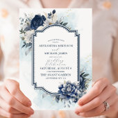 Dusty Blue en Navy Floral Elegant Wedding Kaart