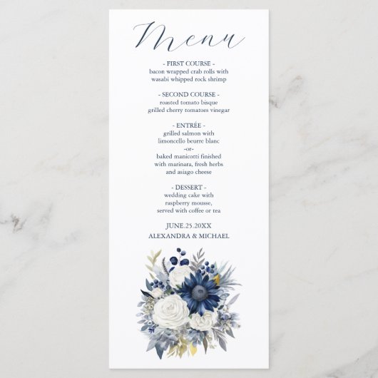Dusty Blue en Navy Floral Elegant Wedding Menu (Achterkant)