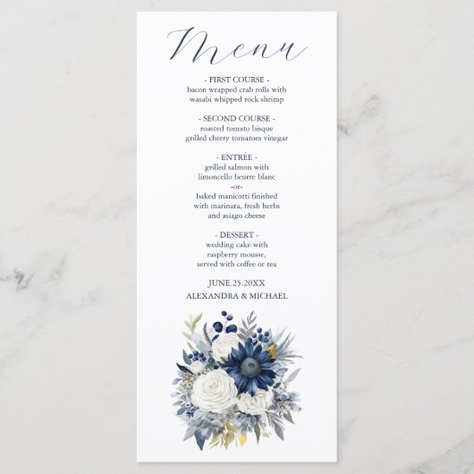 Dusty Blue en Navy Floral Elegant Wedding Menu (Voorkant)
