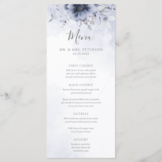Dusty Blue en Navy Floral Elegant Wedding Menu (Voorkant)