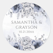 Dusty Blue en Navy Floral Elegant Wedding Ronde Sticker (Voorkant)