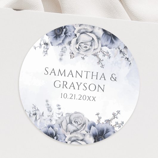 Dusty Blue en Navy Floral Elegant Wedding Ronde Sticker