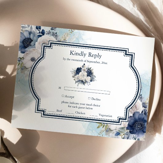 Dusty Blue en Navy Floral Elegant Wedding RSVP Kaartje