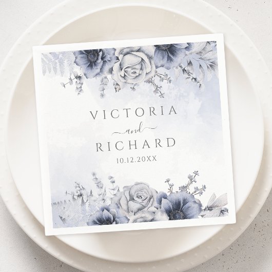 Dusty Blue en Navy Floral Elegant Wedding Servet