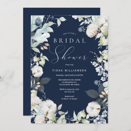 Dusty Blue en Navy Floral Vrijgezellenfeest Kaart (Voorkant / Achterkant)