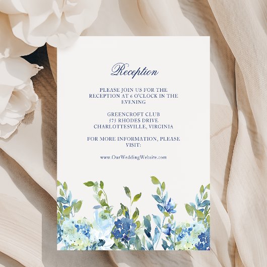 Dusty Blue en Navy Floral Wedding Receptie Informatiekaartje
