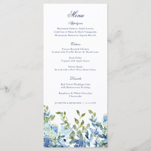 Dusty Blue en Navy Floral Wedding Receptie Menu (Voorkant)