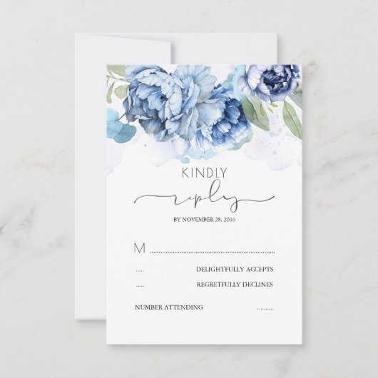 Dusty Blue en Navy Flowers Wedding RSVP (Voorkant)