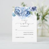 Dusty Blue en Navy Flowers Wedding RSVP (Staand voorkant)