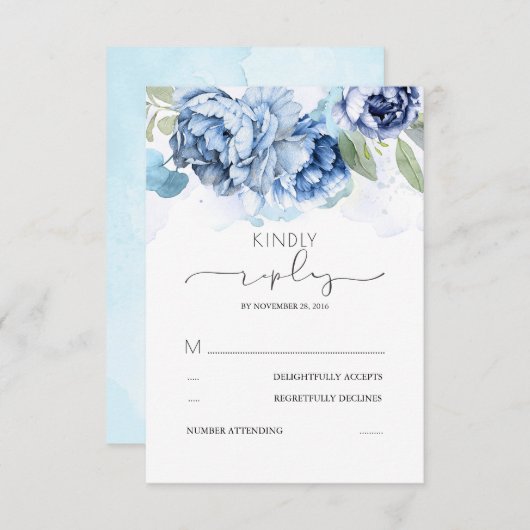 Dusty Blue en Navy Flowers Wedding RSVP (Voorkant / Achterkant)