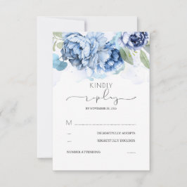 Dusty Blue en Navy Flowers Wedding RSVP Kaartje