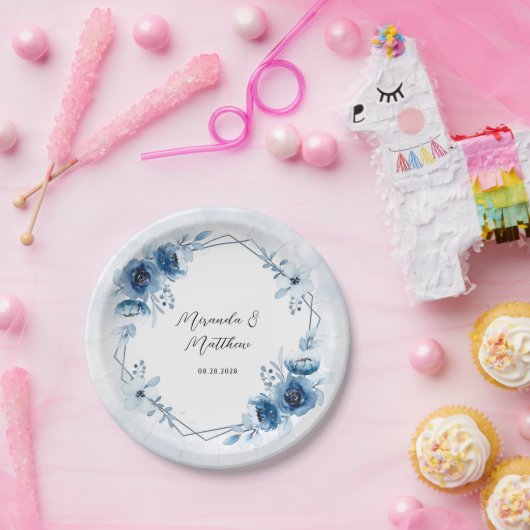 Dusty Blue en Navy Waterverf Floral Wedding Papieren Bordje (Feest)