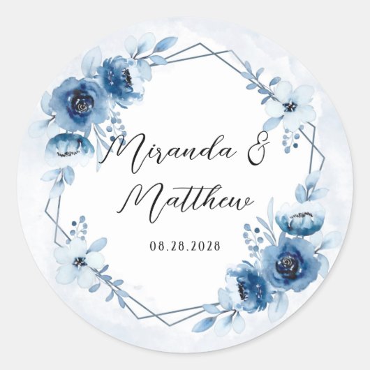 Dusty Blue en Navy Waterverf Floral Wedding Ronde Sticker (Voorkant)