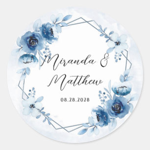 Dusty Blue en Navy Waterverf Floral Wedding Ronde Sticker