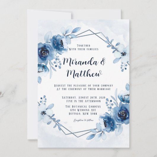 Dusty Blue en Navy Waterverf Peonies Wedding Inv Kaart (Voorkant)