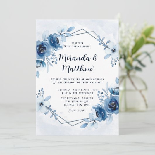 Dusty Blue en Navy Waterverf Peonies Wedding Inv Kaart (Staand voorkant)